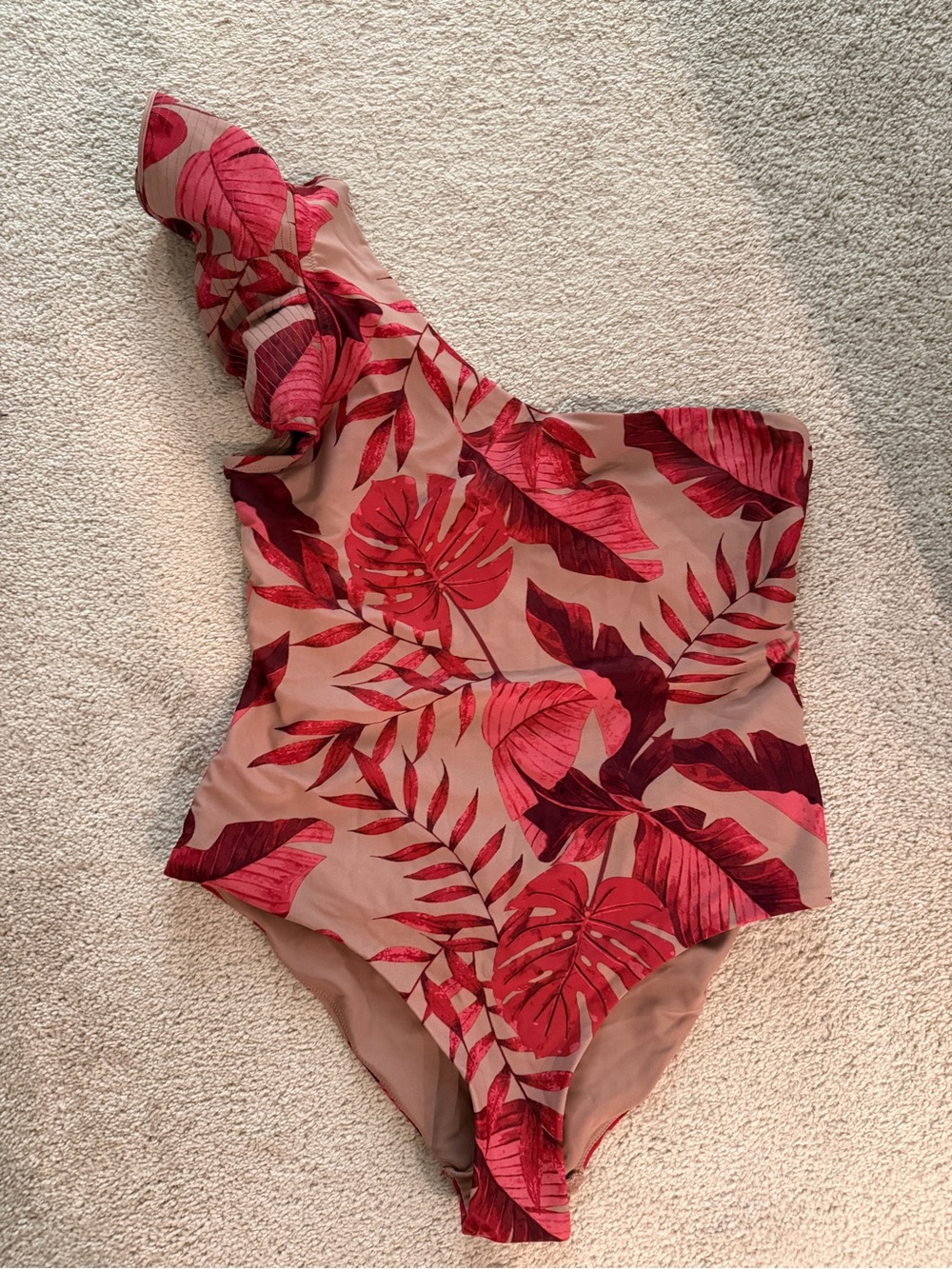 Johanna Ortiz x H&M One-Shoulder Tropical Leaf Swimsuit in Pink and Red